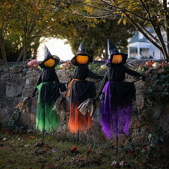 Lighted Halloween Witches on Brooms Stakes, Set of 3