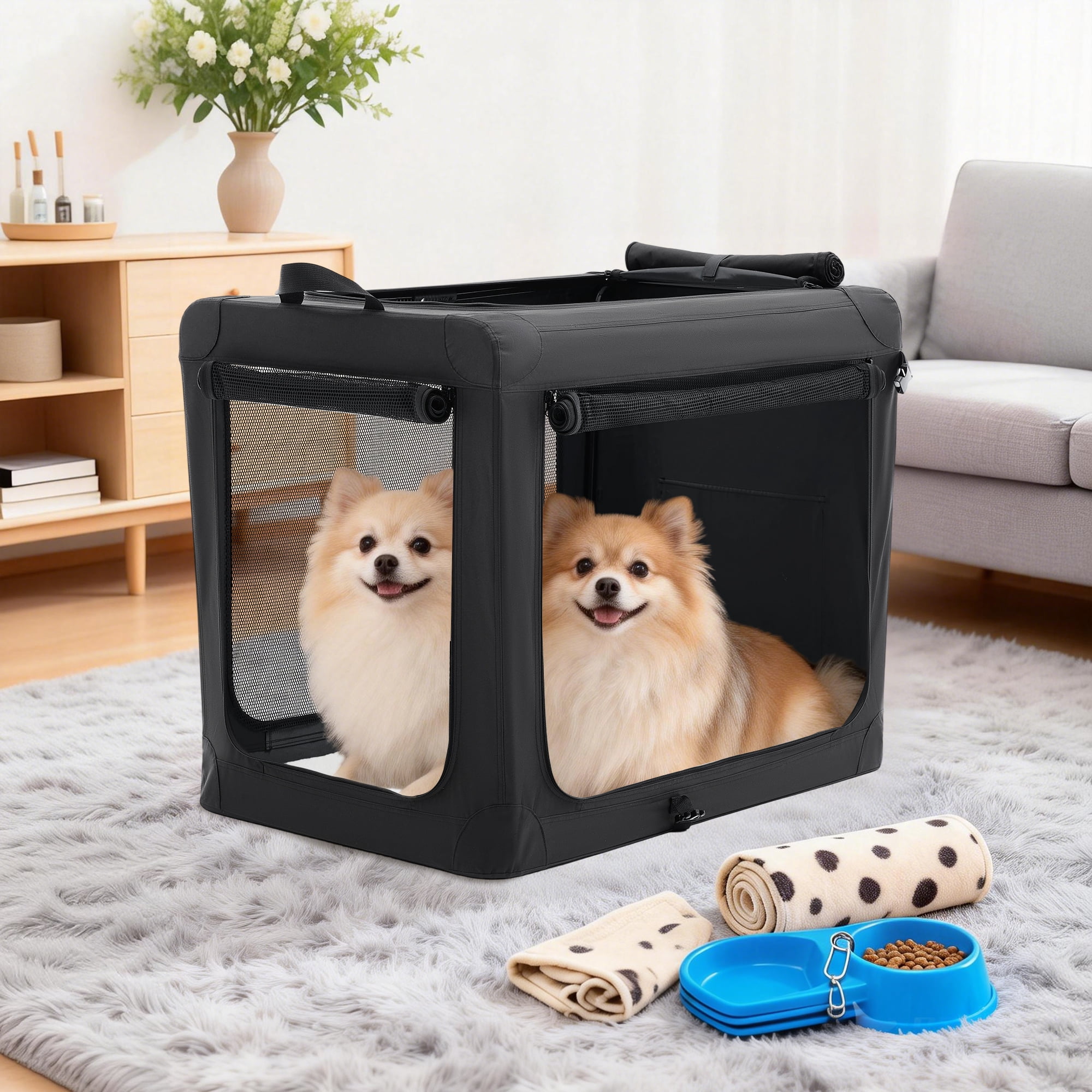 Sweetcrispy Portable Soft-Sided Dog Crate, Folding Travel Kennel with 3 Doors & Storage Pocket, Lightweight Oxford Fabric, Black, 30 lb Limit