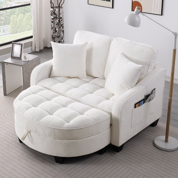 Modern Double Sofa Chaise Longue with Footrest and Side Pockets, Comfy Corduroy Chaise Sofa Upholstered Sleeper Couch Bed Backrests and Armrests for Living Room, Apartment, Office, Beige