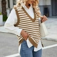 thumbnail image 7 of Olyvenn Sweater Vest for Women Split Hem Casual Striped V Neck Sleeveless Knitted Loose Pullover Sweaters Tops Brown L, 7 of 7