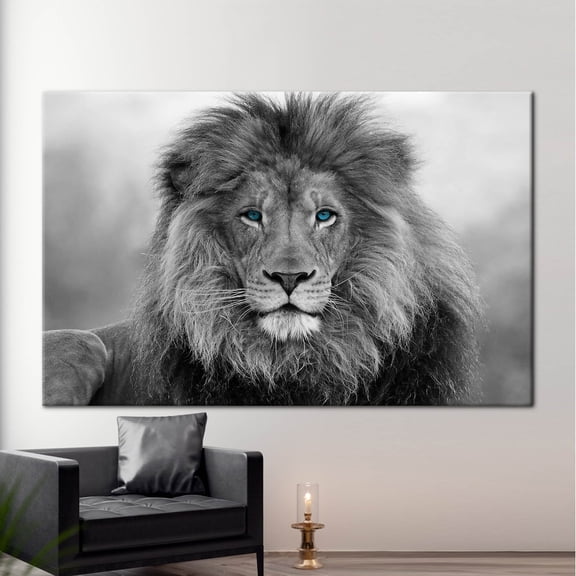 Black And White Lion Canvas Wall Art Blue Eyes Lion Print Safari Animal Portrait Bold Wildlife Decor Jungle King Wall Artwork