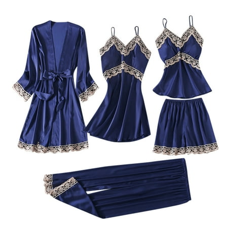 

ZRBYWB Pajamas For Women s Satin Pajama Set 5Pcs Floral Lace Trim Lingerie Sleepwear Women Pajama Set