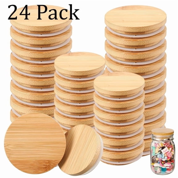 24pcs Mason Jar Lids, 12 Standard-Mouth And 12 Wide-Mouth, Natural Bamboo Airtight Jar Lids, Reusable Wood Jar Lids For Canning And Pantry Storage for a Stylish And Tidy Kitchen Space