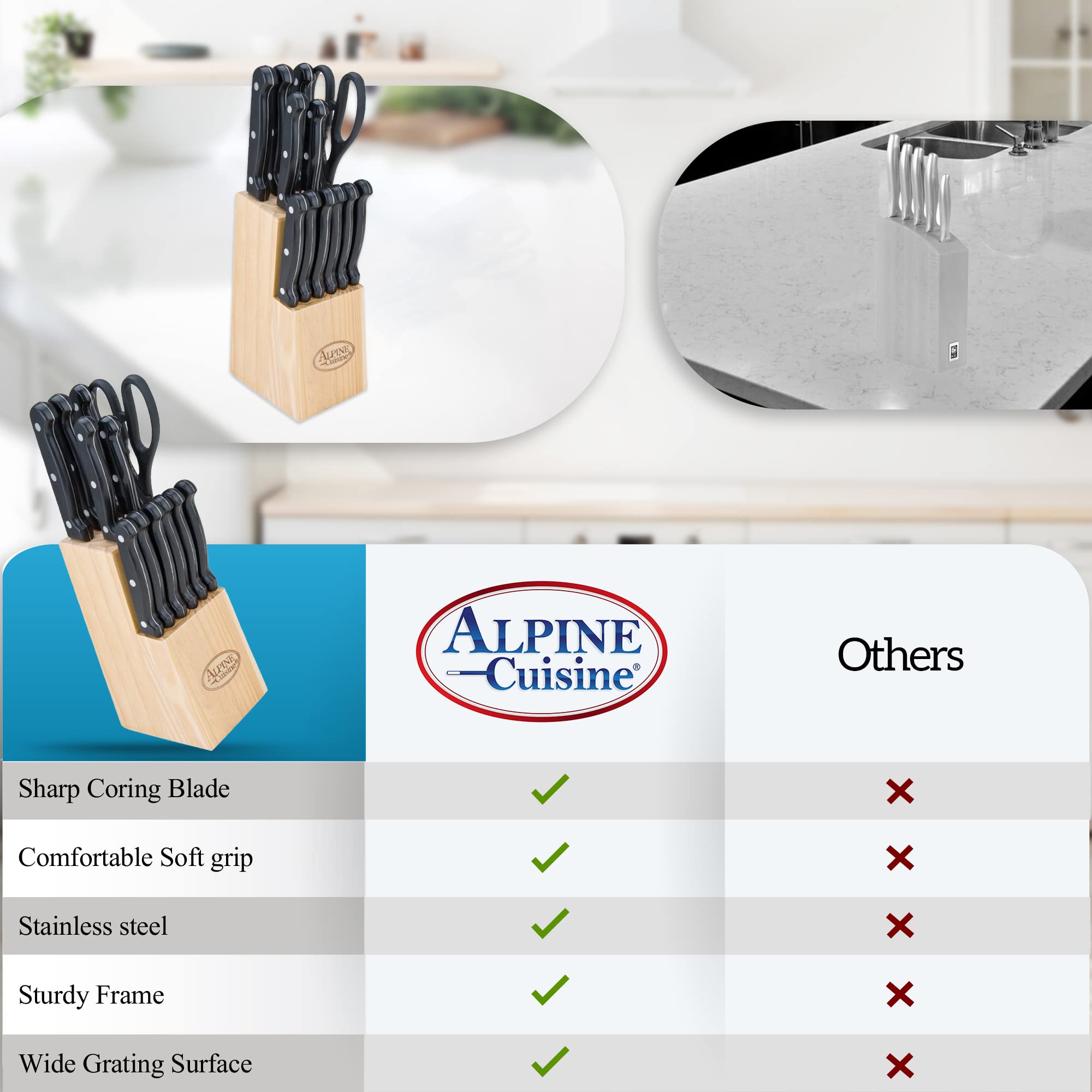 Alpine Cuisine Stainless Steel Cutlery Set 13-Piece, Durable & Rust Resistant, Sharp Blade Cutting Knife Set, Grip Black Handles & Wood Holder, Lightweight & Strong, Multipurpose Use