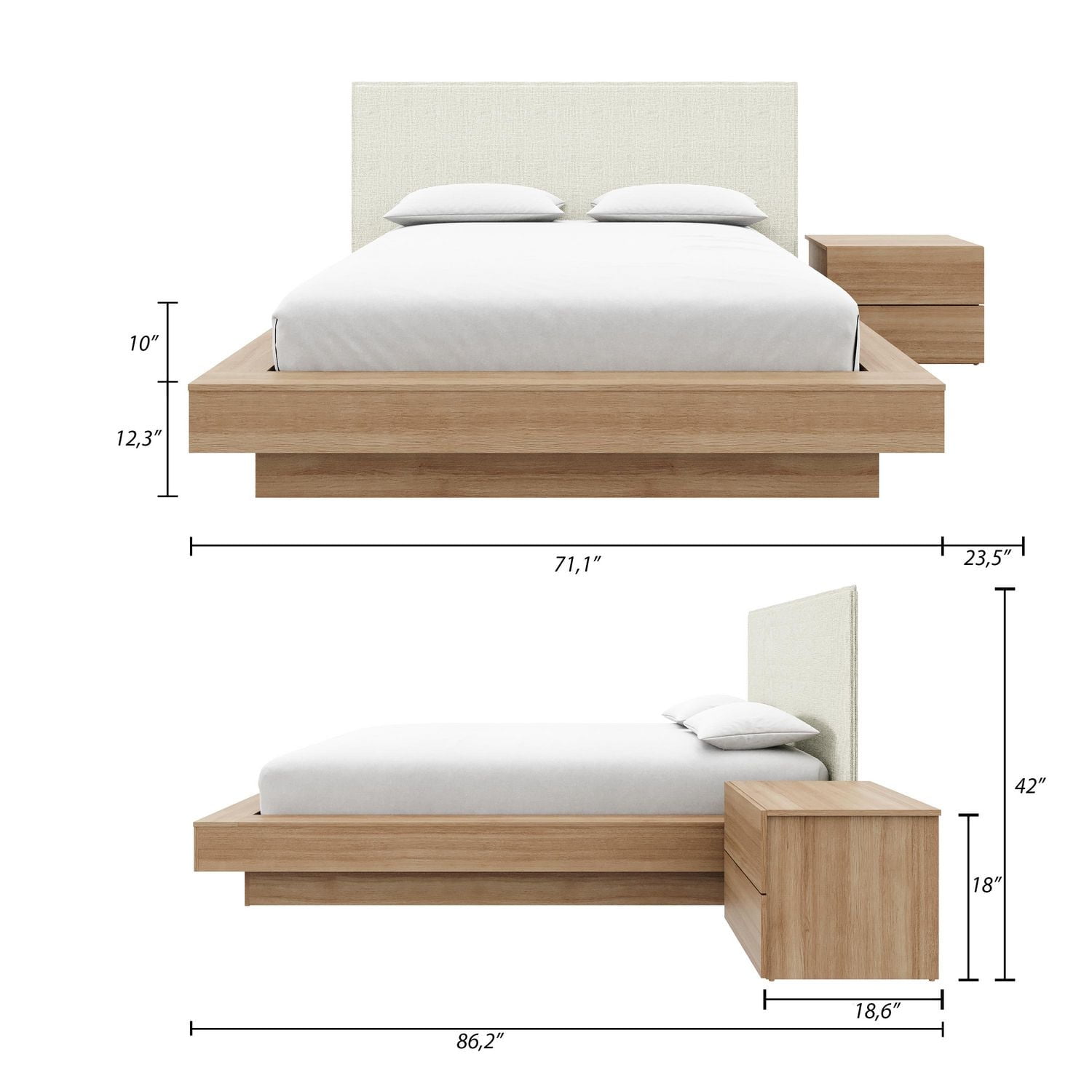 Ensemble de chambre à coucher Julian 3 pièces avec lit plateforme, tête de lit rembourrée et table de chevet