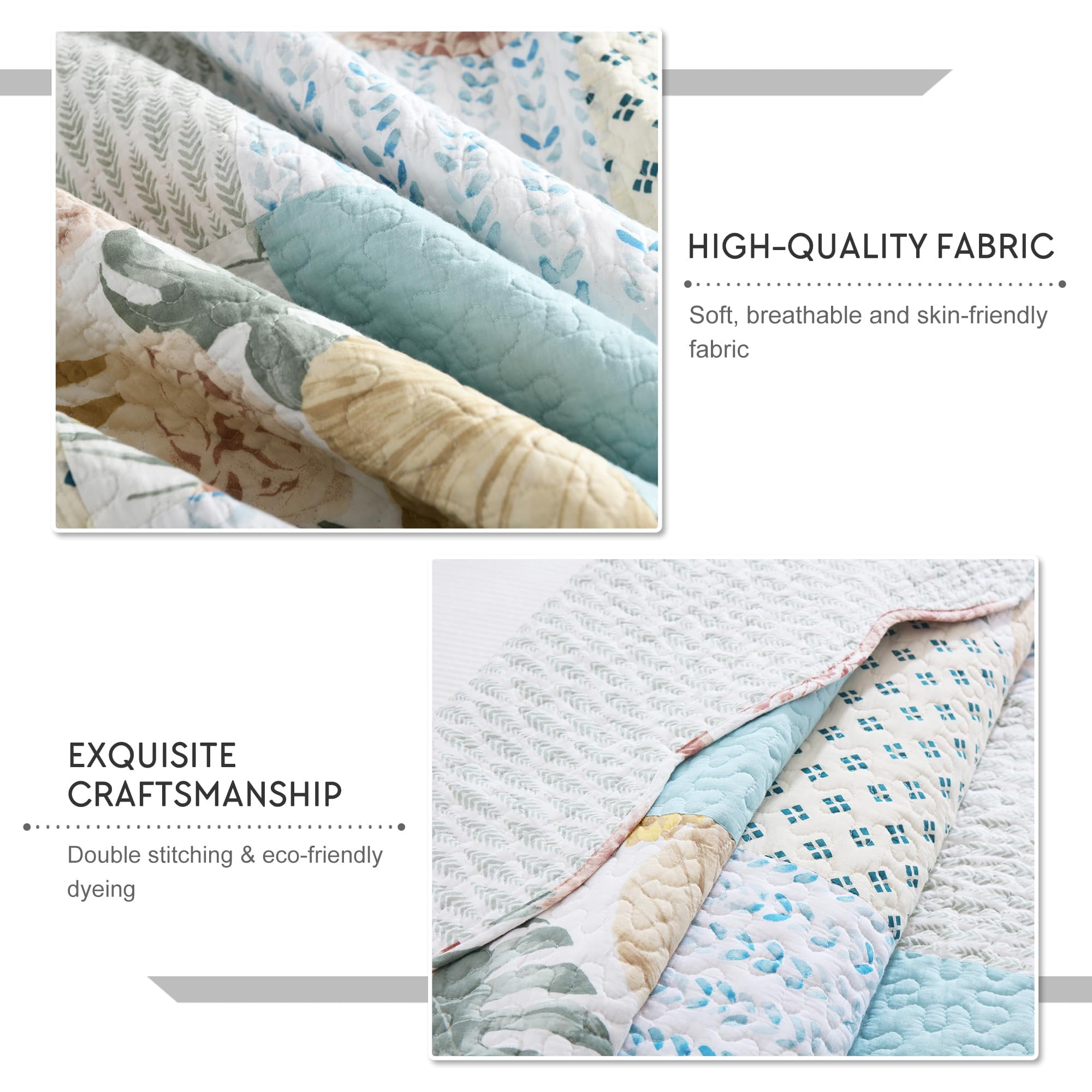 WannaToo Cotton Bedspread Quilt Set for All Season, Light Green Patchwork, Queen