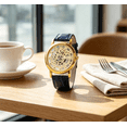 thumbnail image 4 of Fashion Skeleton Dial Quartz Watch - Stylish Roman Numeral Analog Wristwatch with Leather, Unisex Casual Dress Watch for Men & Women,F, 4 of 6