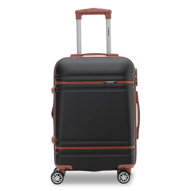 maleta de cabina abs cairo 20" negro/café Compass, vista frontal centrada de maleta rígida 20 pulgadas en ABS negro con acentos cafés; cuerpo liso, cuatro ruedas giratorias dobles 360°, mango telescópico de aluminio extendido, asas superior y lateral visibles y cerradura de combinación TSA; interior con forro poliéster 210D, correas cruzadas elásticas y dos compartimentos organizadores según ficha técnica, ideal para viajes cortos.