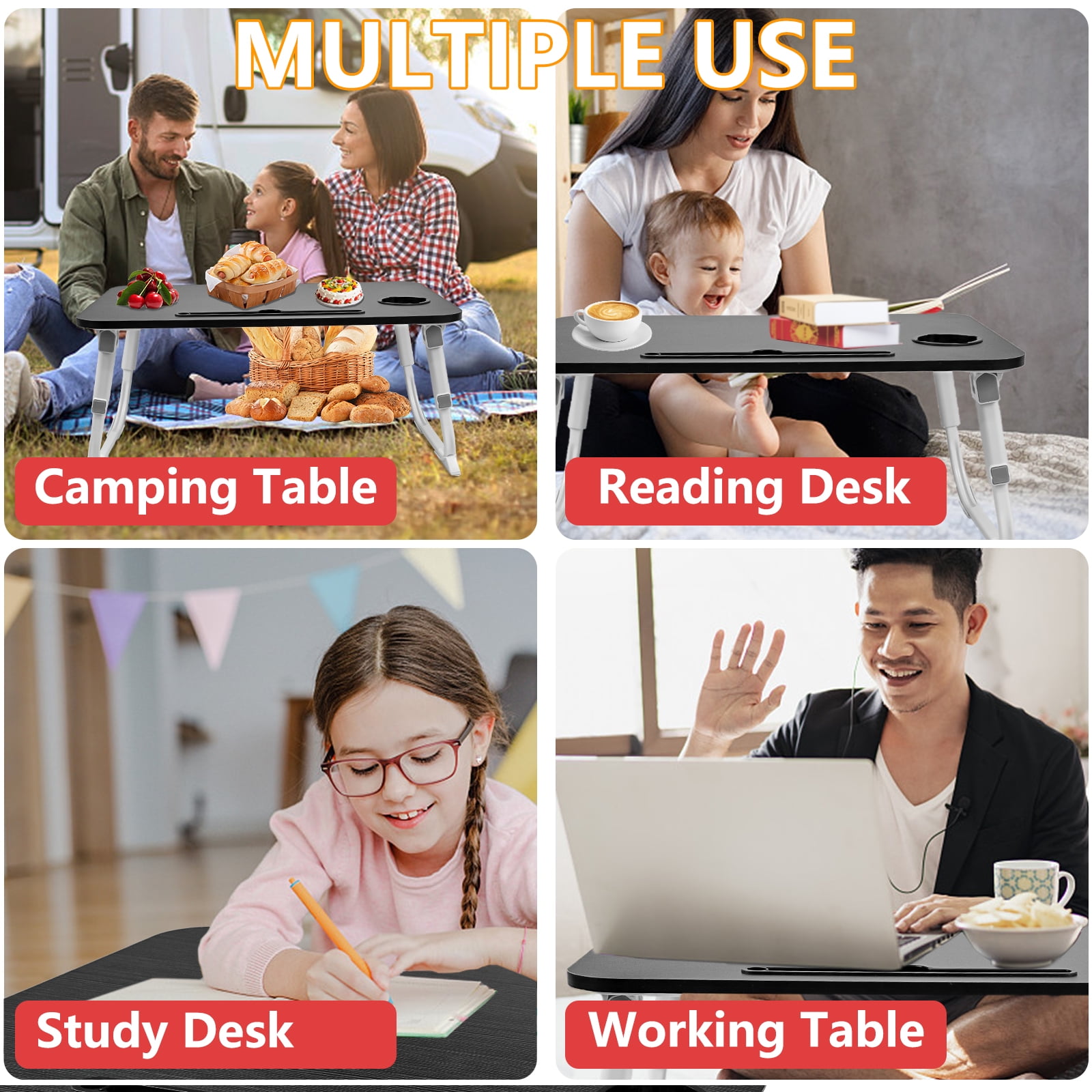 Yoneston Folding Laptop Bed Table, 23.6inch Portable Bed Tray Height Adjustable Laptop Desk with iPad Slots, Drawer and Cup Holder for Working Reading Writing, Eating, Watching-Black