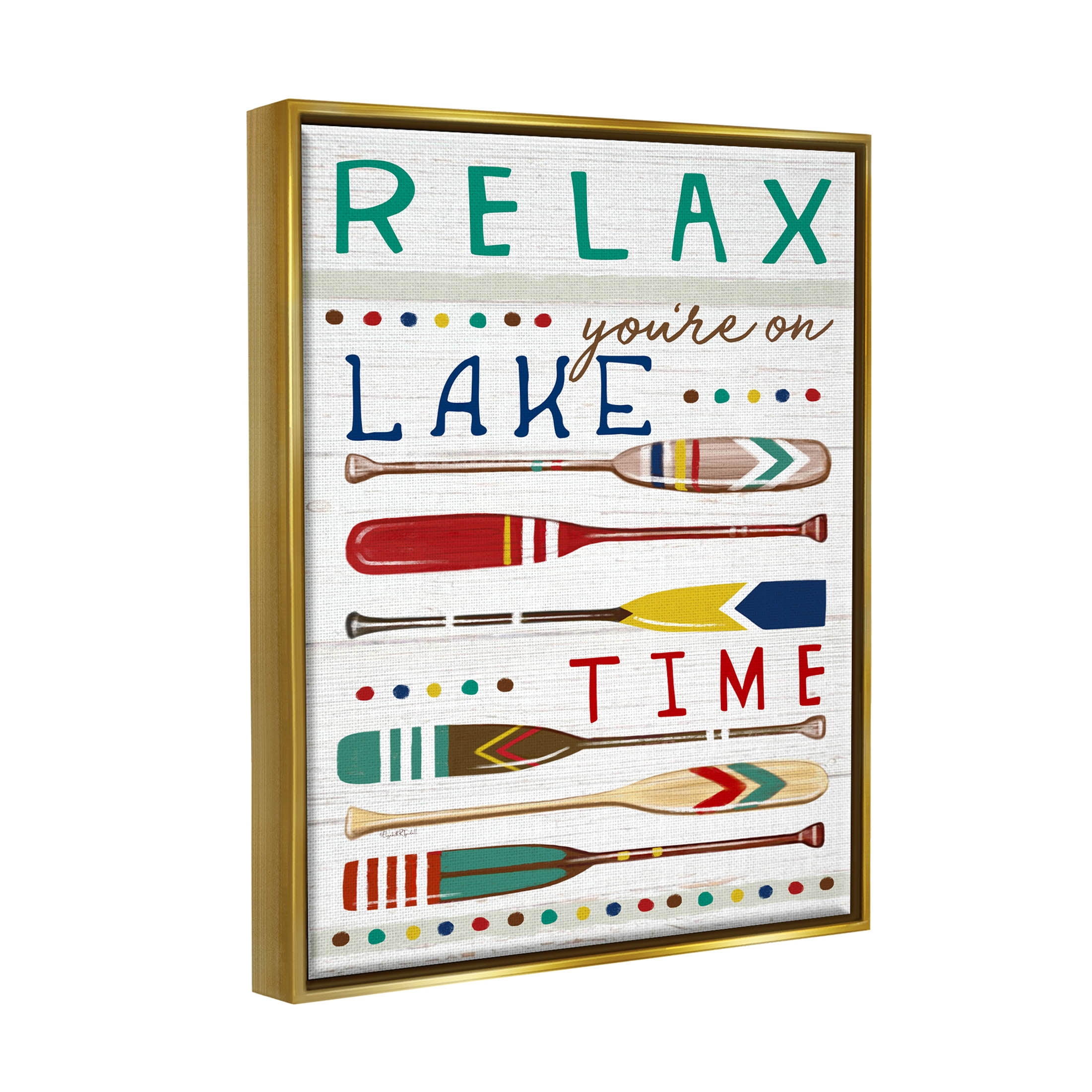 Stupell Industries Relax Lake Time Rustic Oars Graphic Art Metallic Gold Floating Framed Canvas Print Wall Art, Design by Elizabeth Tyndall