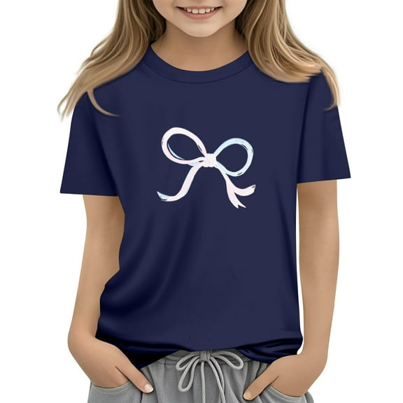 CCRFTGI Shirts for Girls Trendy Short Sleeve Bowknot Print Tunic Tops Fall Crew Neck T-Shirts Oversized Soft Solid Teen Girl Clothes Navy 13-14Y