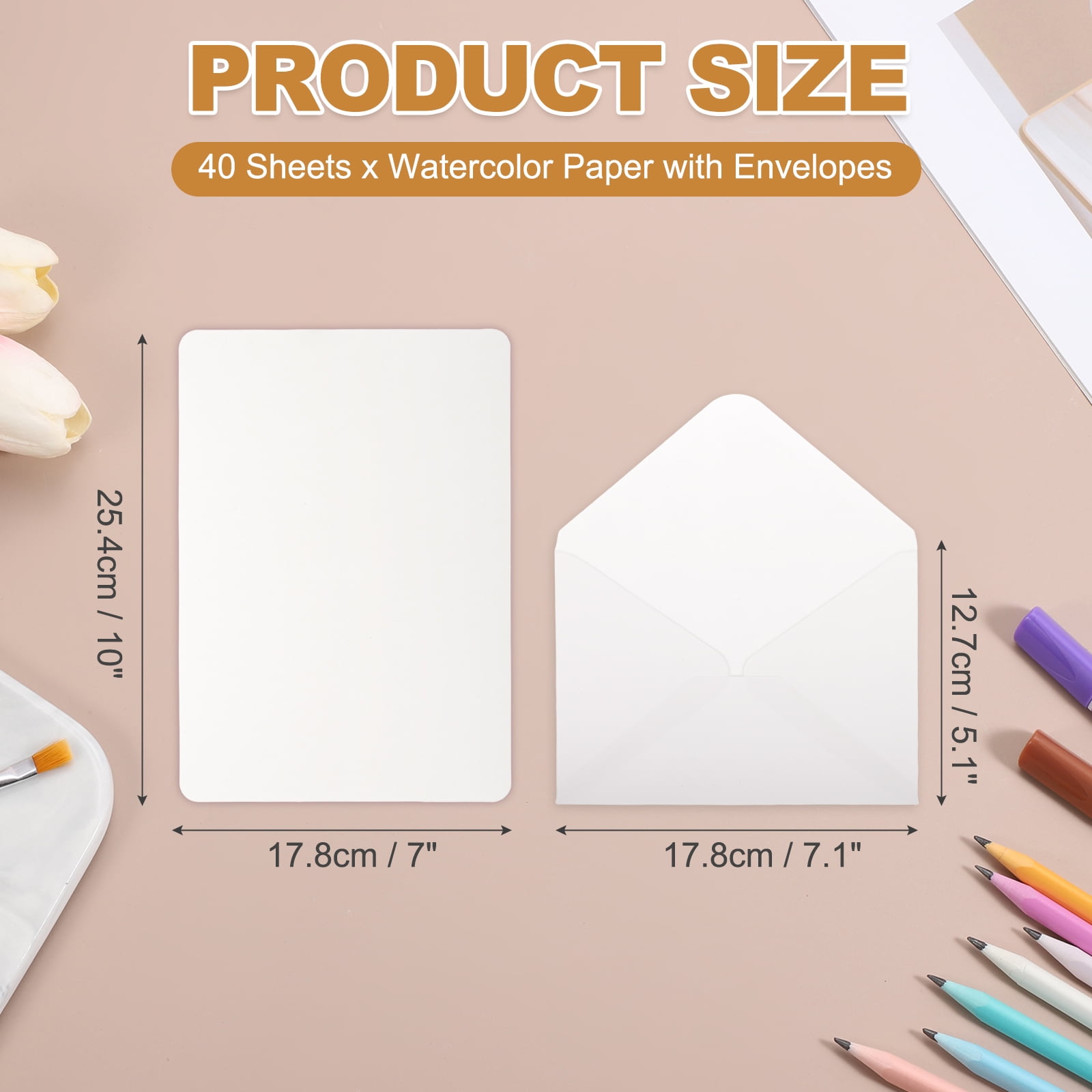 Uxcell 40 Set Watercolor Paper with Envelopes 7 x 10 Inch 140lb/300gsm Artist Painting Drawing Paper Cold Press Water Color Sheet for Sketchbook Journal (Round Corner)