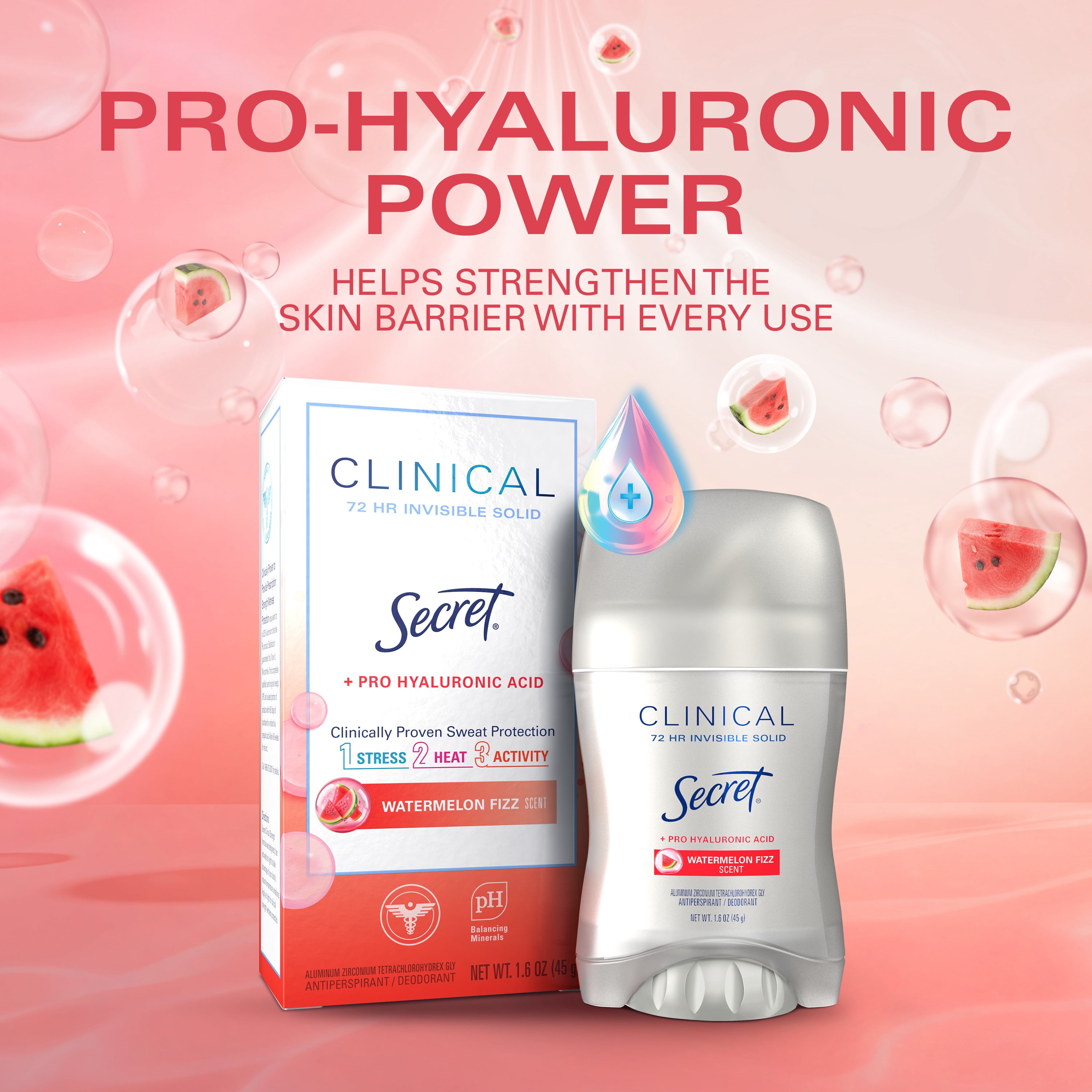 Secret Clinical 72 HR Invisible Solid Antiperspirant Watermelon Fizz with Pro-Hyaluronic Power 1.6 oz