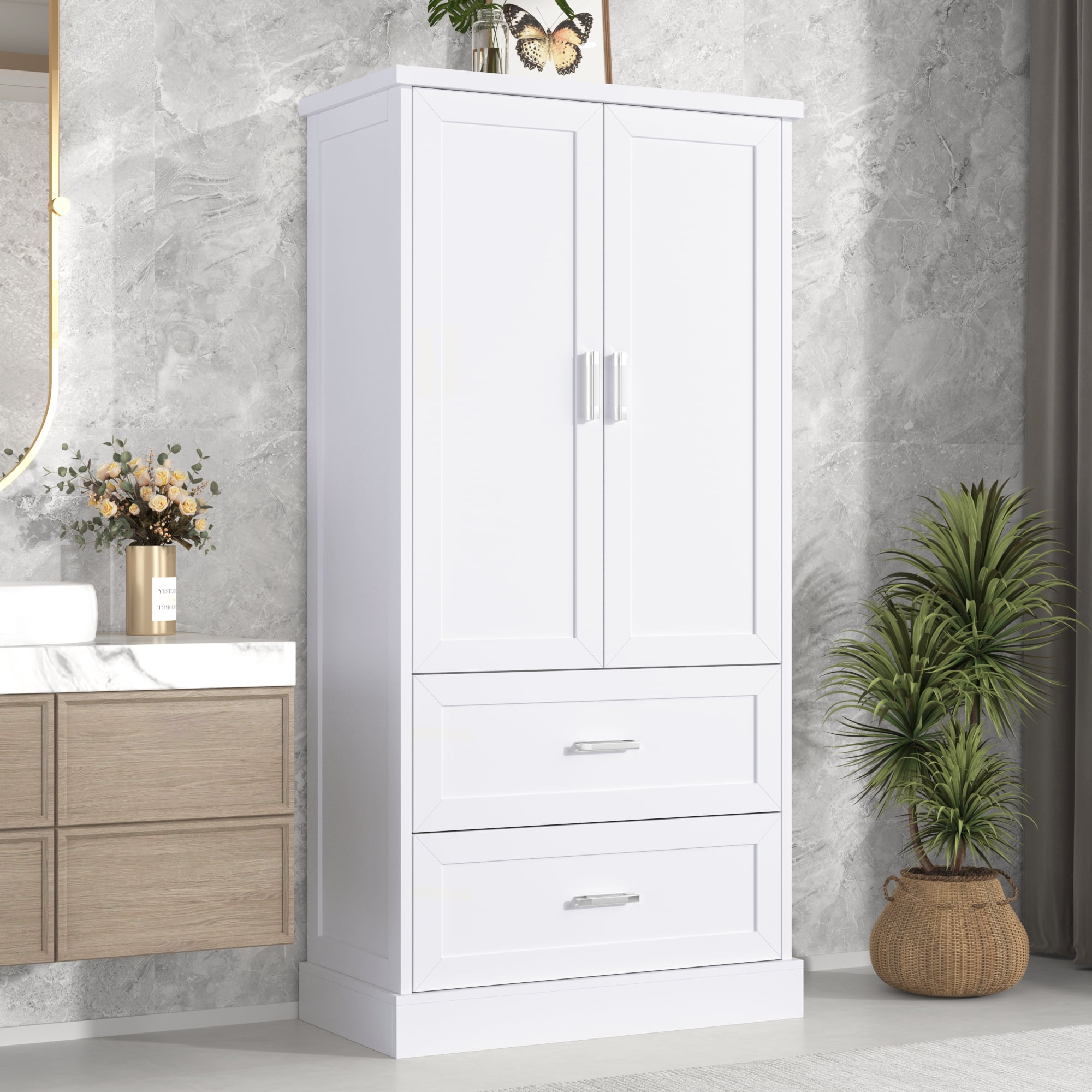 Harper & Bright Designs Tall Bathroom Storage Cabinet with Doors and Drawers, Modern Freestanding Cabinet with Adjustable Shelf for Bathroom, White