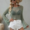thumbnail image 4 of Defitshape Women's Long Sleeve Crochet Cover Up Shirt Short Knitwear Boat Neck Bell Sleeve See Through Fishnet Cutout Beach Summer Net Knit Crop Top Green Medium, 4 of 4