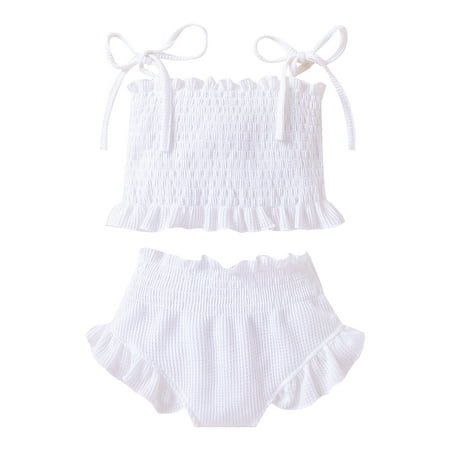 

Suanret Infant Girls 2PCS Streetwear Outfit Tie-Up Spaghetti Strap Sleeveless Ruched Solid Color Tank Tops Shorts White 6-9 Months
