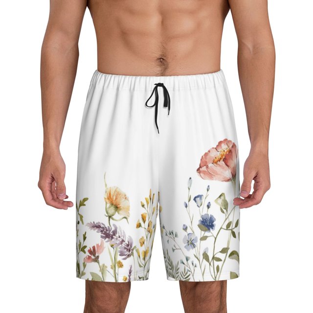 Balery Watercolor Floral Pantalones cortos de pijama de punto de algodón para hombre con cinturilla y bolsillos-4X-Large