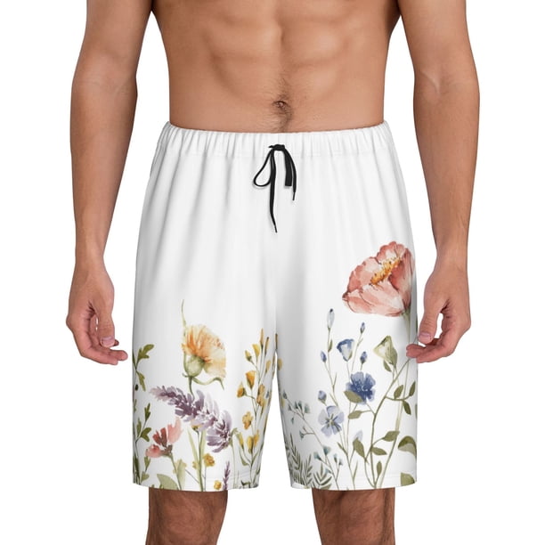 Balery Watercolor Floral Pantalones cortos de pijama de punto de algodón para hombre con cinturilla y bolsillos-4X-Large