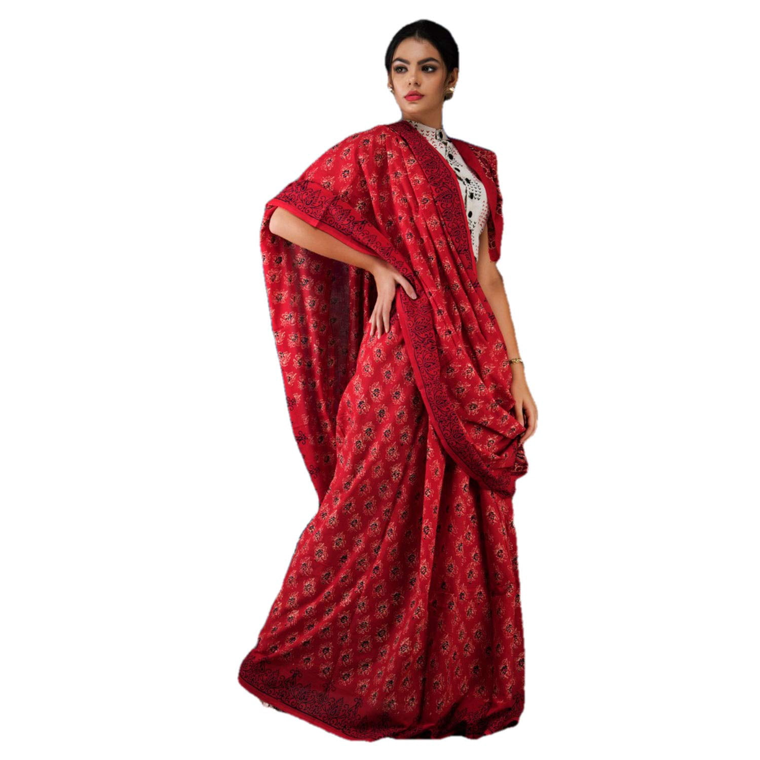 India Meets India Hand Block Printed Cotton Mulmul Saree – Authentic Ethnic Women's Saree, 5.7 Meters, Unstitched Blouse - View #7