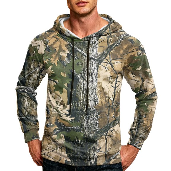 Havenx Men's Camo Hoodies Sweatshirt Long Sleeve Camouflage Print Hoodie with Pockets Drawstring Hooded Sweatshirts Fishing Hunting Camping Athletic Workout Fall Winter Clothes,Brown XL