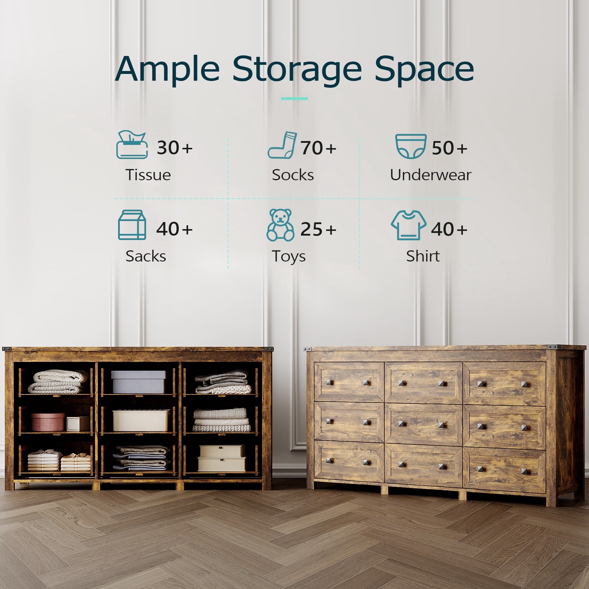 FANRAL Dresser for Bedroom with 9 Drawers,Wood Metal Handle Closet Storage Cabinet,Wide TV Stand Chests of Drawers,Brown Dresser