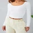 thumbnail image 4 of Femmes Crop Tops Couleur Unie Col Rond Manches Longues T-Shirt, 4 of 6