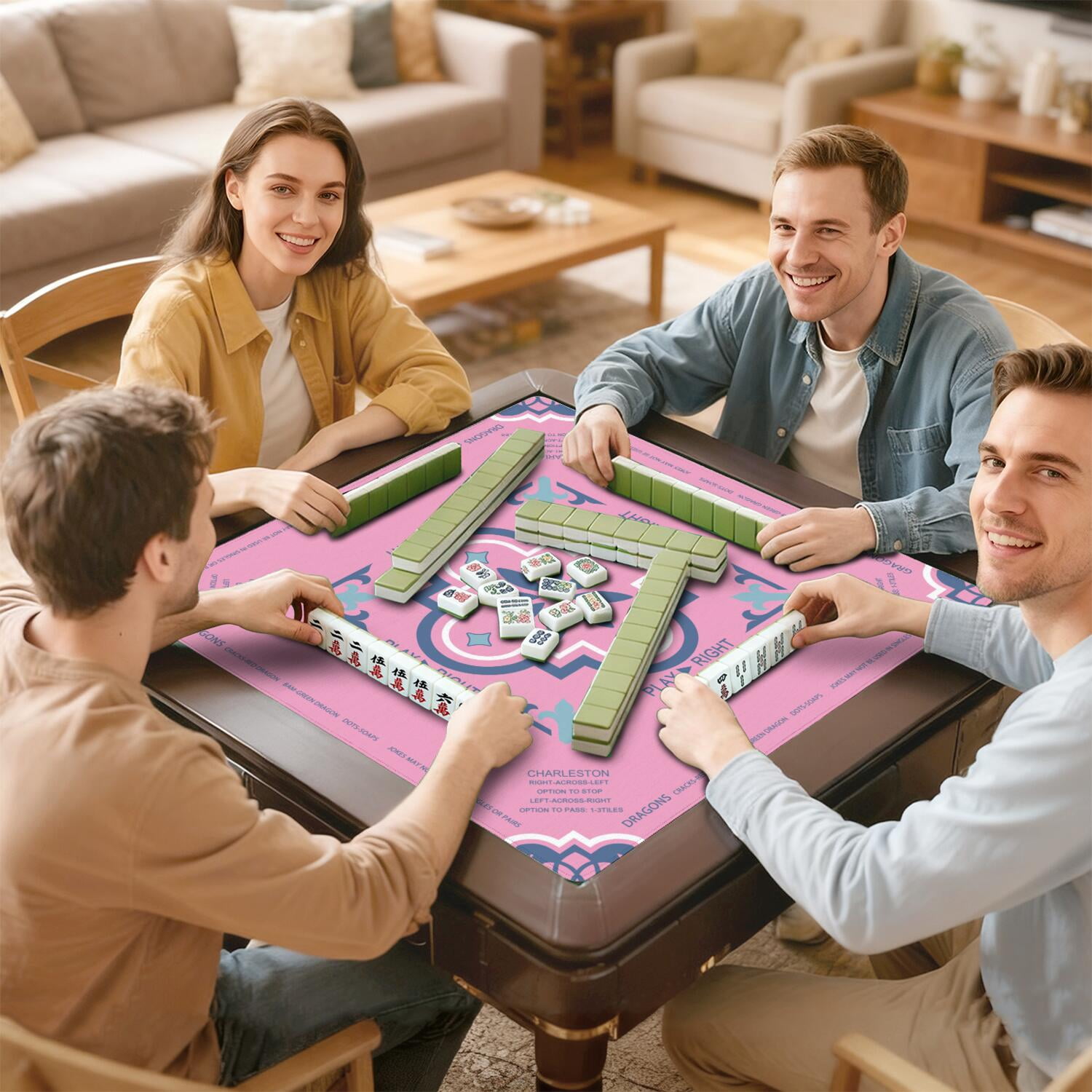 Pink Mahjong Mat with Rules, 31.5*31.5in Anti Slip American Mahjong Mat for Table, Noise Reduction, Neoprene Mah jongg Mats with Carrying Bag & 3 Dices, Mahjong Supplies Gift, Board Tile Games Mats