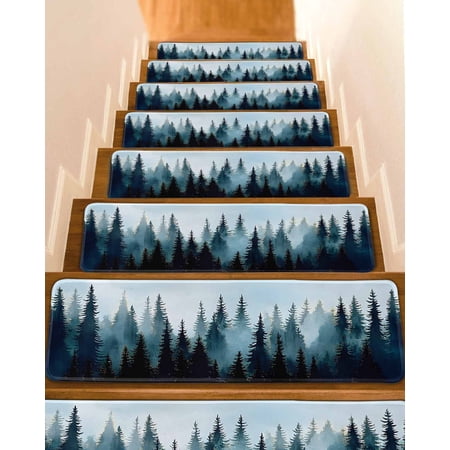 Forest Turquoise Stair Treads for Wooden Steps Indoor Runner Rug Carpet Retro Trees Silhouette Landscape 4 Pieces Peel and Stick Staircase Step Treads Covers Washable Throw Door Mats 30 x8