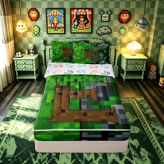 Feelyou Pixel Game Monogrammed E Zipper Full Size Comforter Sets with Fitted Sheet and 2 Pillowcases for Kids Boys, Green Brown Sauqre Block Zipper Bedding Set, Gamepad Reversible, 4-Piece