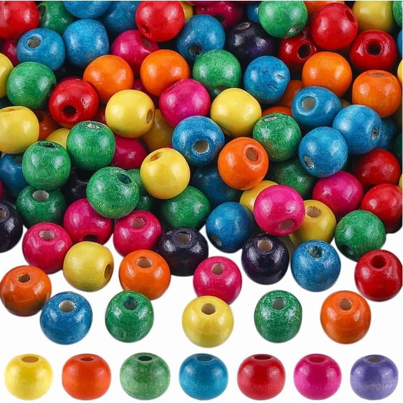 200PCS Colorful Wood Beads 14MM Round Natural Bulk Assorted Color 4MM Large Hole Bead Painted Wooden Spacer Loose Ball for Gemstone Bracelets Making DIY Craft Project Party Decoration Mixed Color