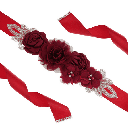 

JUSTUP Bridal Wedding Sash Belt with Flowers Pearls Rhinestone Dress Maternity Waist Belt Brides Bridesmaids Red