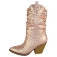thumbnail image 2 of Forever Women’s Rhinestone Cowboy Boots – Sparkly Western Mid Calf Boots, Glitter Cowgirl Boots with Chunky Heel, Pointed Toe Bling Fashion Boots for Women RIVER-35 Rose Gold 6, 2 of 5