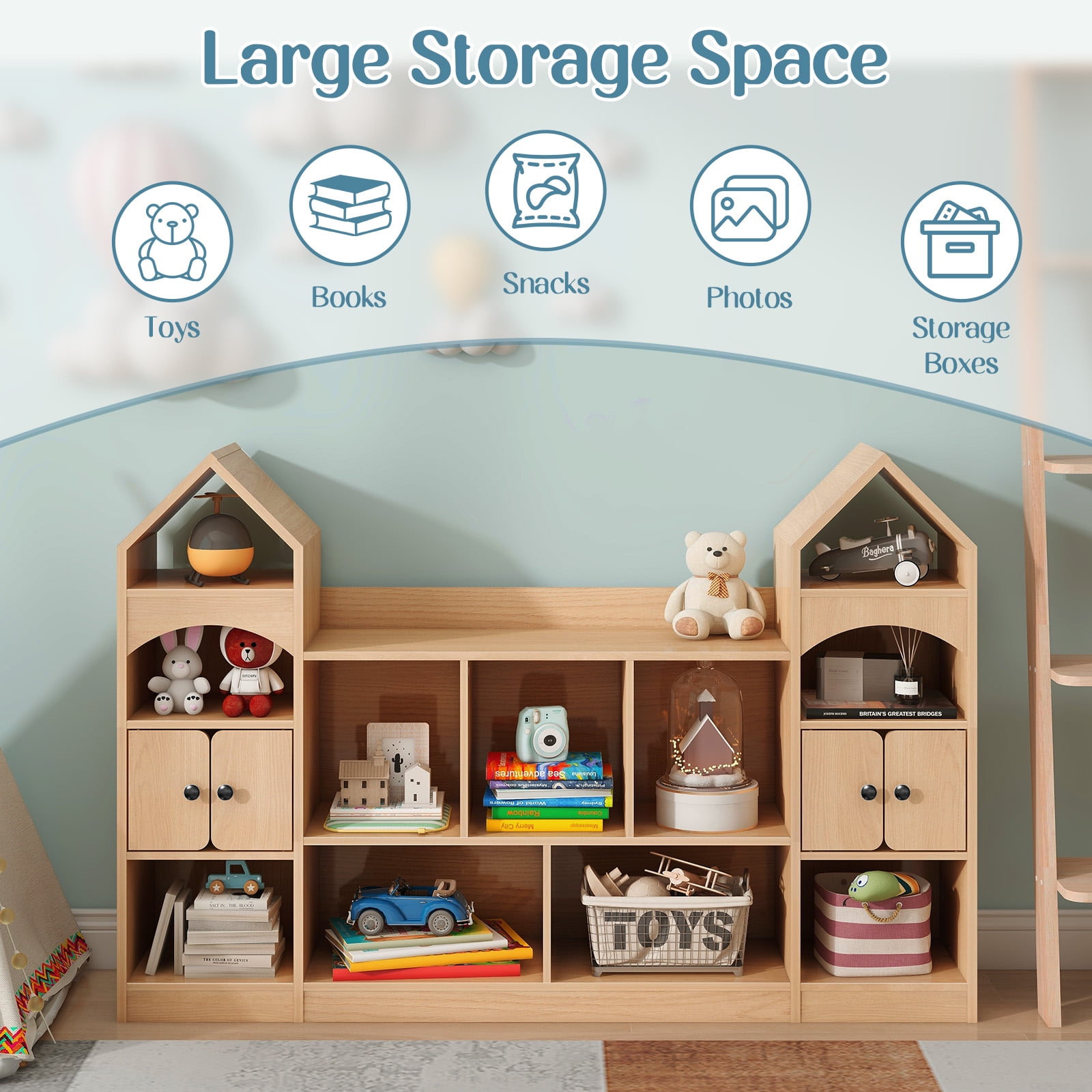 Vabches Kids Bookcase and Toy Storage Organizer, Children Bookshelf, Castle Shape, Playroom Furniture Multipurpose Shelf for Toddlers to Organize Toys and Books Magic Castle, Oak