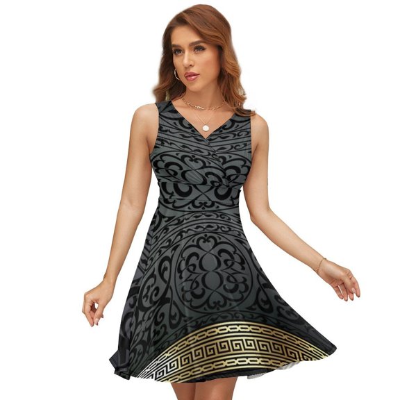 Greek Key Ornate Black & Gold Sleeveless Dress Women Summer Evening Dresses Ladies Sundress