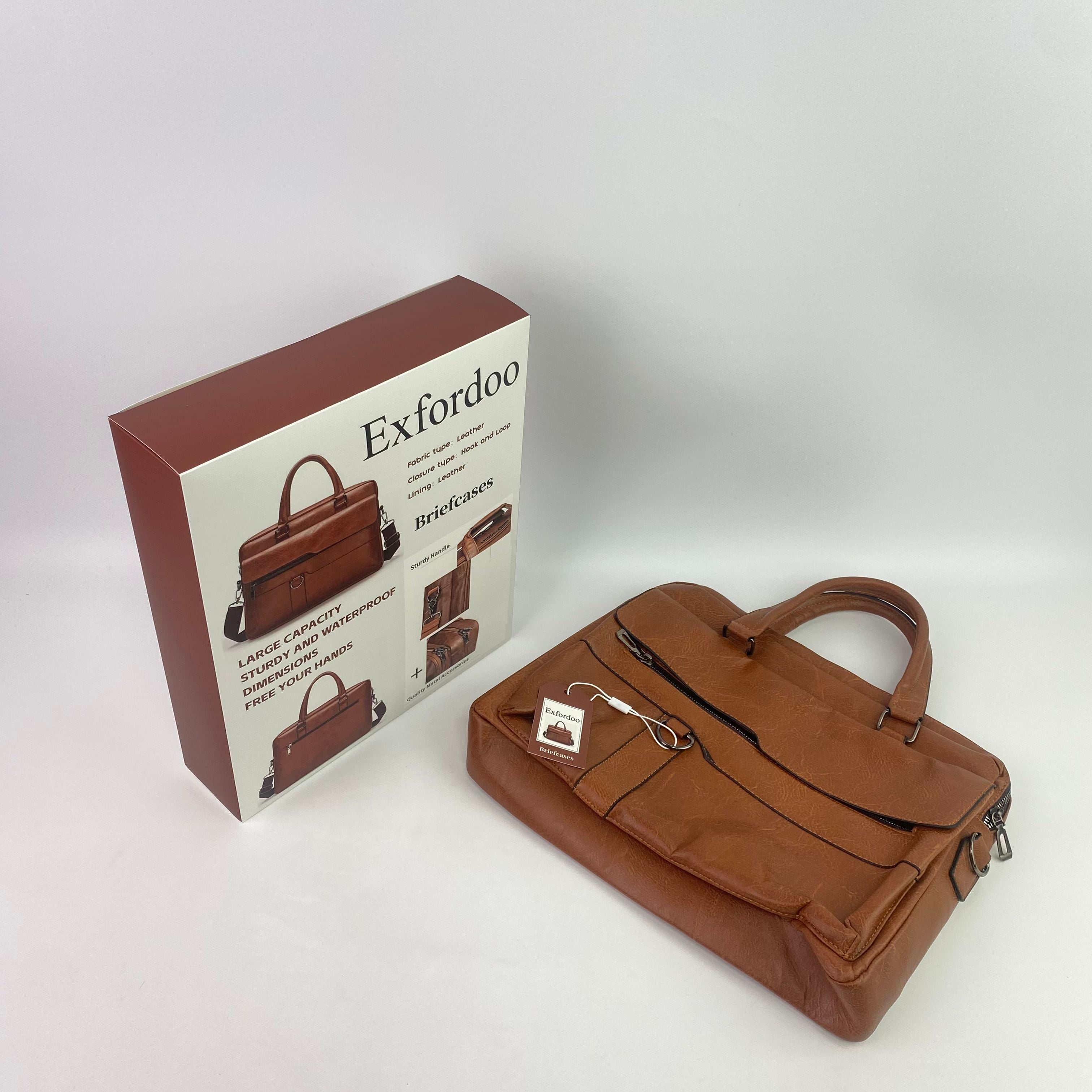 Exfordoo Briefcases,Men's Business Travel Briefcase Leather Handmade Messenger Bags Laptop Bag