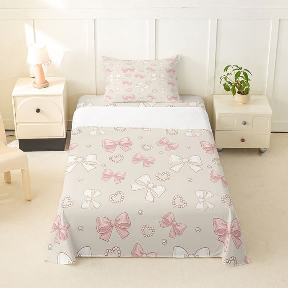 spefrowx Pastel Bowknot Twin Sheets for Teens, Beige Pearl Heart Print Bedding, 3-Piece, 1 Flat Sheet, 1 Fitted Sheet and 1 Pillowcase
