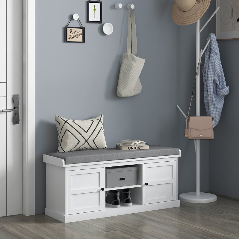 HOQBN Shoe Storage Bench with Cushioned Seat, Entryway Bench with 2 Cabinets and Adjustable Shelf for Hallway, White