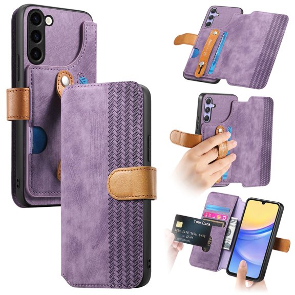 Wallet Case for Samsung Galaxy S24 FE, Premium PU Leather RFID Blocking Shockproof Cards Slots Hand Strap Slim Fit Flip Cover Stand Shockproof Full Protective Phone Case for Women Men, Purple