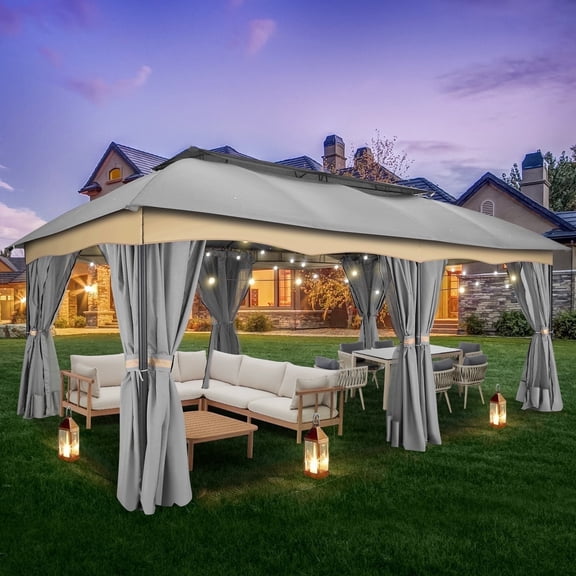 COBIZI 12X20 Heavy Duty Gazebo Outdoor Gazebo with Mosquito Netting and Curtains, Canopy Tent Deck Gazebo with Double-Arc Roof Ventiation and Metal Steel Frame Suitable for Lawn, Backyard, Patio,Gray