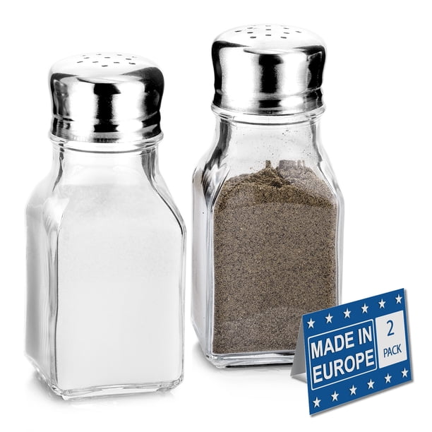 Glass Salt And Pepper Shakers Set - Clear Curved Design With Stainless Steel Lids