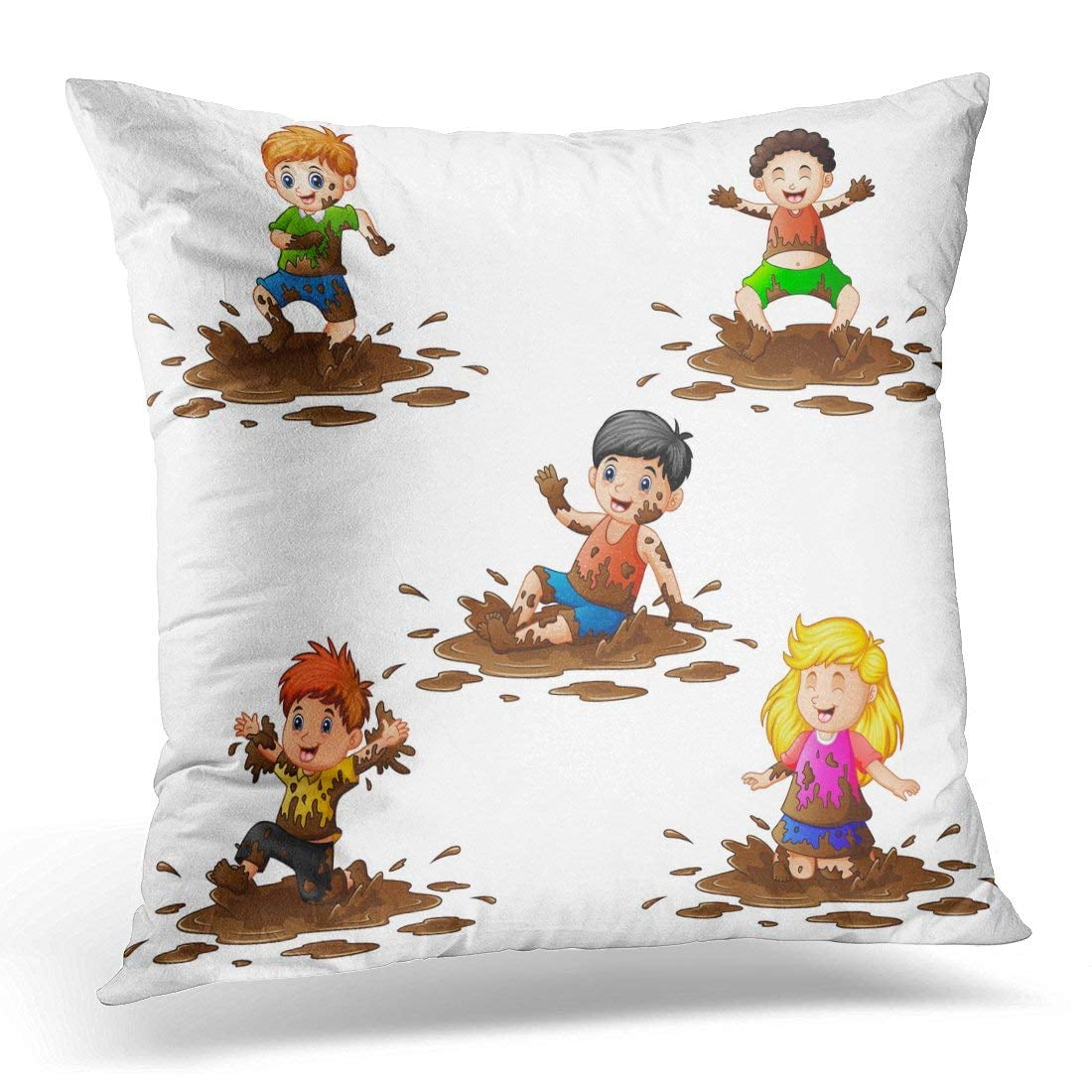 CMFUN Cartoon of Collection Kids Playing in The Mud Child Pillow Case