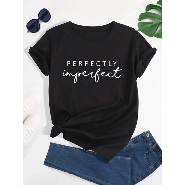 Womens Chic Letter Print T-Shirt - Comfortable Crew Neck, Loose Fit, Short Sleeves - Lightweight Summer Tops for a Casual Chic Look
