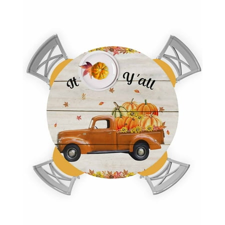 

Round Tablecloth with Elastic Thanksgiving Truck Pull Pumpkins on Rustic Wood Grain Waterproof Stain-proof Table Cover Wipeable Fitted Table Cloths for 36 -44 Round Tables Dining Kitchen
