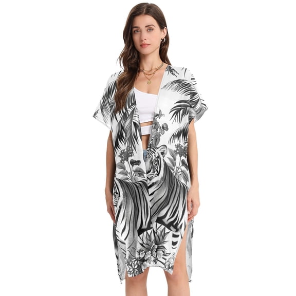 Black and White Tiger Jungle Women Swimsuit Cover up V Neck Beach Dress Short Sleeve Vacation Outfits Swimwear