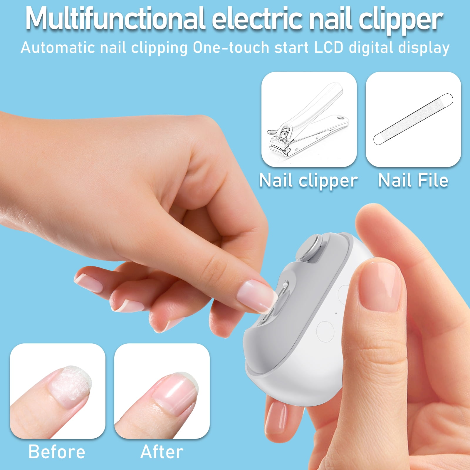 Hemvt 3 In 1 Electric Nail Clippers with Polishing, Rechargeable 2 Speeds Fingernails Clipper for Seniors, Adults, Baby, Automatic Nail Trimmer with Clip Storage and LED Light, Safe Use,Aorsher