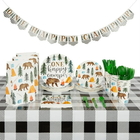 Camping 1st Birthday Party Dinnerware One Happy Camper Birthday Decorations Camping-Themed Party Decorations Celebration Supplies for Boys and Kids (Serves 24)