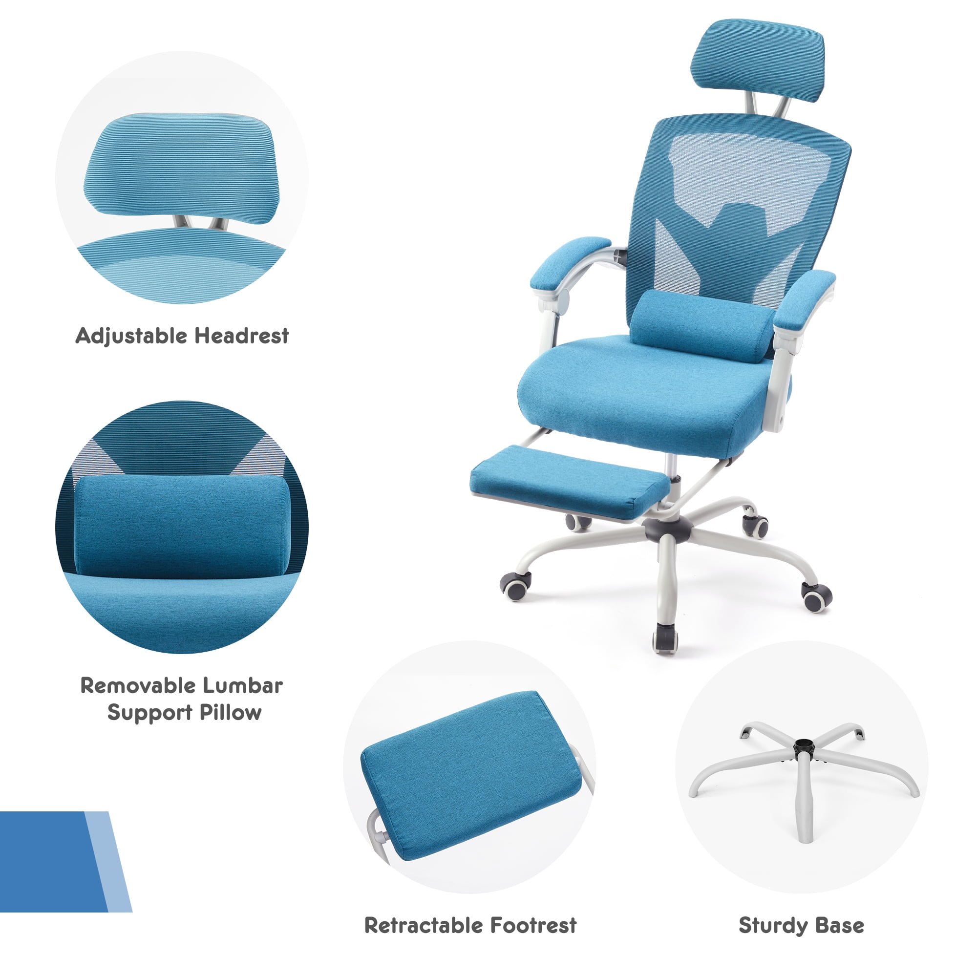 CONCETTA Ergonomic High Back Mesh Office Chair with Headrest, Footrest, Armrests for Adults, Blue