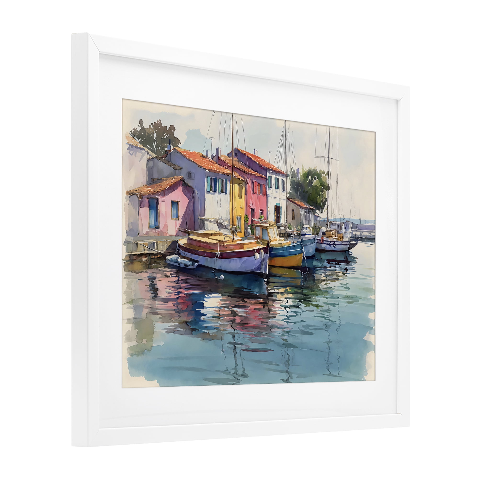 Stupell Industries Colorful Docks Harbor White Framed Print Under Glass, design by Franklyn Gregory