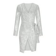 thumbnail image 4 of Lovskoo Women's 2024 Sequin Dress Long Sleeve Midi Dress V Neck Sparkly Glitter Wrap Dress with Belt White, 4 of 7