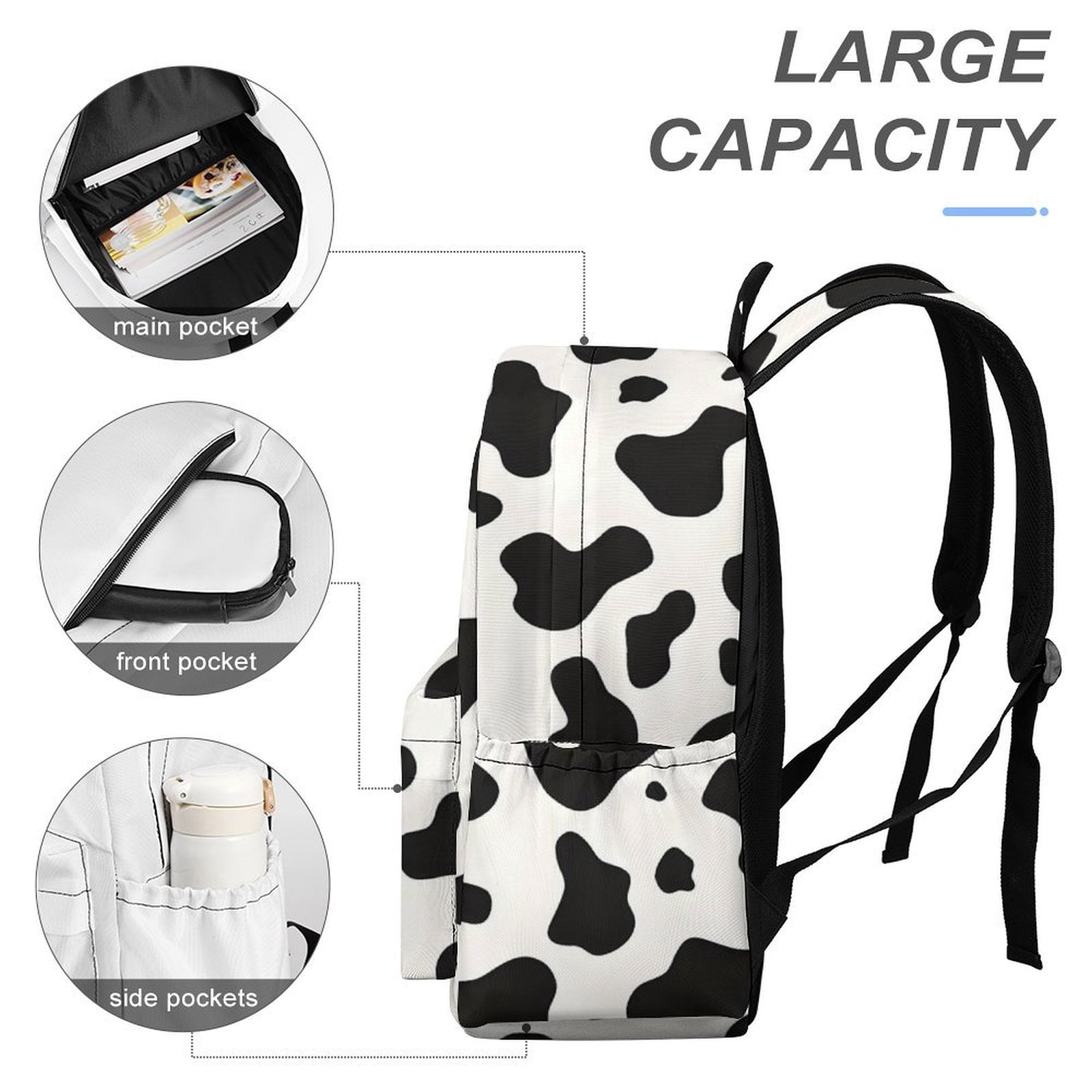 Large Capacity Half Print Backpack 11.8×16.5×5.9in Multifunctional Zipper Design Convenient Switch Simple Cow Print Pattern, Vector Art Style_1